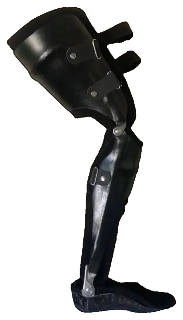 A custom black leg orthosis
